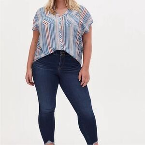 Torrid Blue Striped Gauze Button Front Dolman Sleeves Top Size 1 (14/16)